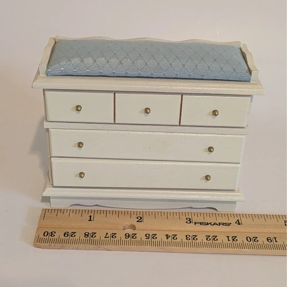Dollhouse Furniture Baby Changing Table Dresser Upholstered White/Blue